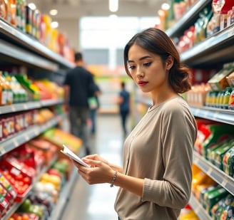 a woman looking at her grocery list in the grocery store