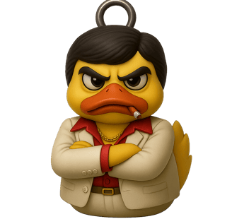 Tony Montana duck, a ducky with a suit and tie on a black background