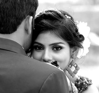 an modern asian couple in black and white on their special day