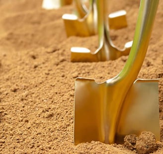 gold spades lined up in tanned earth waiting for the internment proceedings to start