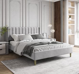 grey bed frame with green legs