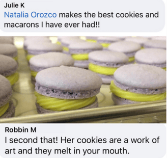 Five-star customer review highlighting Natalia’s artisanal macarons, emphasizing exceptional flavor and craftsmanship.