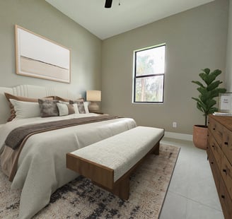 Digitally stager bedroom 3, confy queen bed, with a bench, dresser and TV