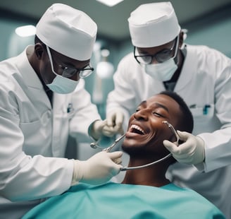 Two dental professionals perform a procedure on a patient. One is wearing specialized eyewear and is focused on using a dental instrument. The patient lies in a dental chair, wearing a protective bib.