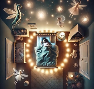 Vue du dessus d’une chambre d’enfant, entourée d’un halo protecteur avec fées et licorne lumineuses.