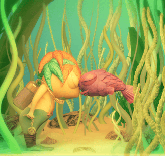 Diving boy and fish meet underwater