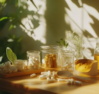 a table with a variety of bottles of medicine