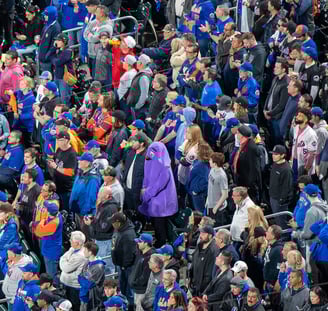 purple grimace standing amongst mets fans in the stands