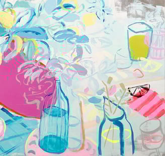 Lena Sin, still life, original art painting of a vase with flowers in a vase