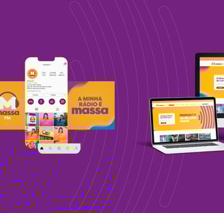 Instagram, computador, tablet e celular com artes roxas e amarelas