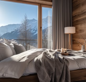 a view of the Alps visible through the large windows of a cabin bedroom