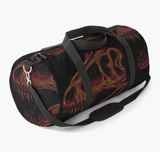 a duffel bag with a skull head and skull head