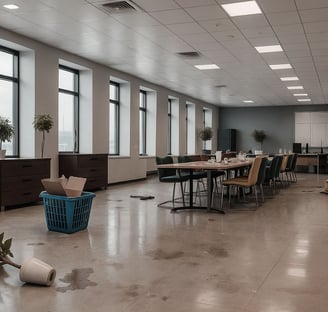 ommercial event room before cleaning with trash and spills on floor