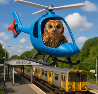 owl flying a helicopter over a mersyrail train