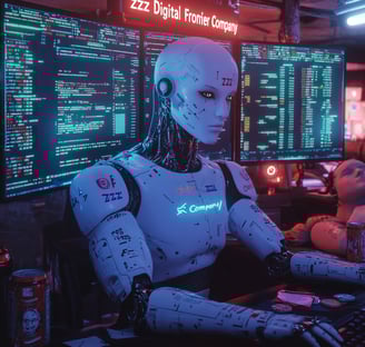 A Digital Frontier Robot in front of a computer monitor
