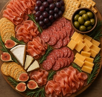 a platter of cheese and crackers on a wooden board