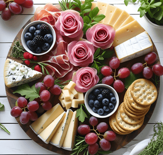 a platter of cheeses and grapes