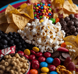 a plate of food that includes chips, chips, and candy