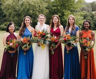 a bridesmaid in a colorful dress with a bouquet of flowers