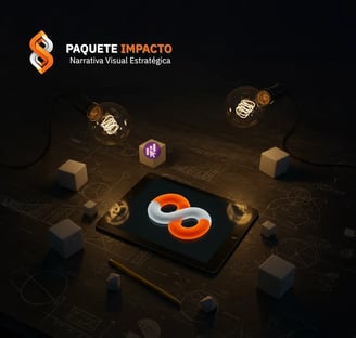 Tableta con símbolo infinito 3D naranja y blanco bajo luz cálida, Paquete Impacto Egremy Digital, narrativa visual estratégic