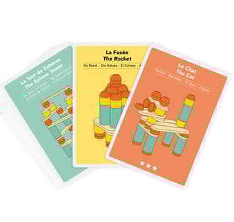 Educational game cards that shows tasks that the child must complete using silicone and wooden parts