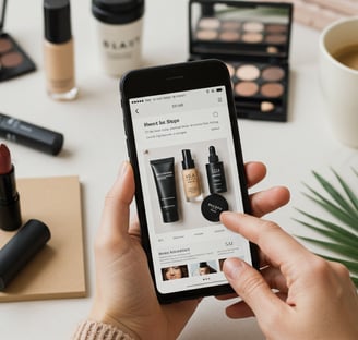 a woman is holding a phone shopping online.