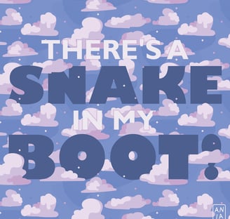 Cloud vector pattern on blue background with text, There's a snake in my boot! on top