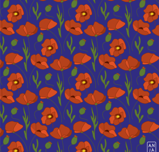 Poppy Vector Pattern on Blue Background