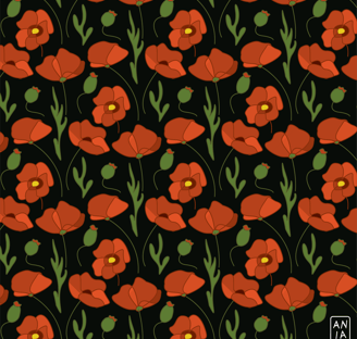 Poppy Vector Pattern on Black Background