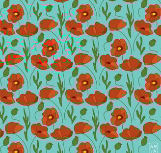 Poppy Vector Pattern on Cyan Background