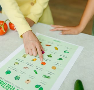 Hand pointing at image of tomato on vegetable list