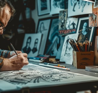 a man is sitting at a desk with a pencil and pencil