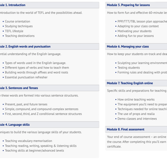 10 module headings and their content, for a TEFL course.