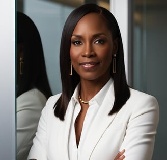African American professional woman in white blazer and gold earrings standing against a glass wall