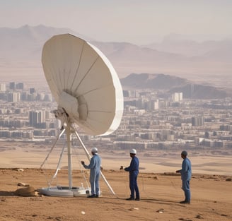 A large satellite dish antenna is positioned in . The structure is metallic and intricate, towering over the landscape. In the background, there are rolling hills or mountains under a clear blue sky. A few trees and buildings surround the antenna.