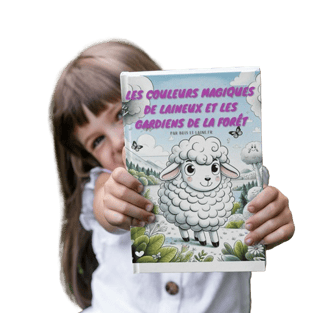 a girl holding a book with a picture of a sheep