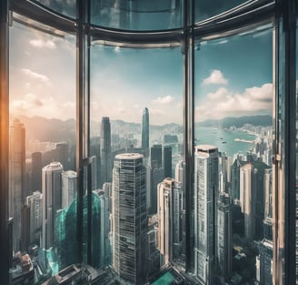 a view of a city skyline from a window
