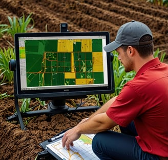 a man in a red shirt is looking at a computer screen