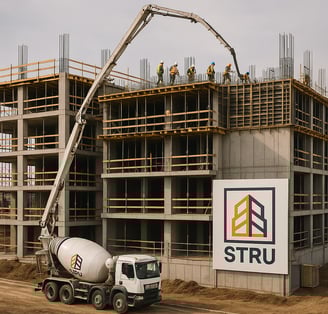 Construção STRU com laje de betão sendo concretada no 4º piso.