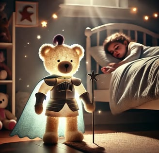 Peluche magique en tenue de chevalier veillant sur un enfant endormi, dans une chambre douce et rassurante.