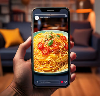 a person viewing a social post of a plate of spaghetti