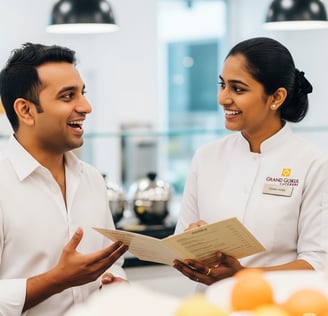 A happy client interacting with The Grand Gokul Caterers team member