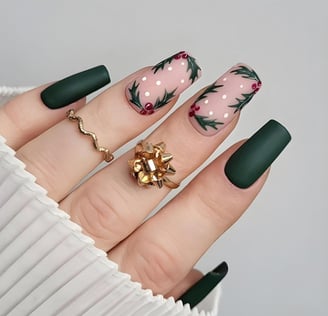 Uñas con diseño de hojas de acebo