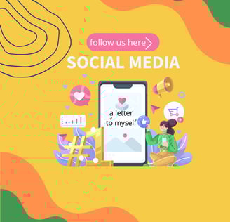 Follow us social media. A woman sitting on a couch with a phone