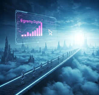 Robots cruzan puente sobre nubes junto a holograma de gráfico Egremy Digital, mostrando delegación automática y rápido crecim