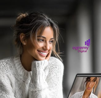 Mujer sonriente con suéter blanco mira laptop en videollamada; branding humano de Egremy Digital.