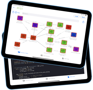 two iPads with a Tree view of the SAP-Database, starting with MARA in the middle