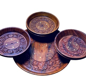wooden plates and jewelery boxes