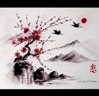 japanese sumi-e sakura watercolor painting