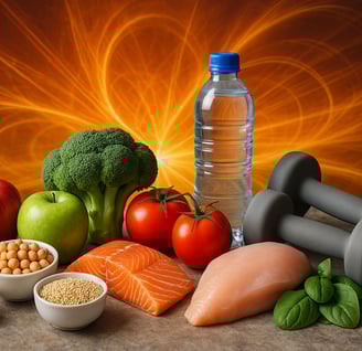 Illustration of healthy foods, dumbbells, and water bottle, symbolizing natural ways to boost metabolism and gain energy.